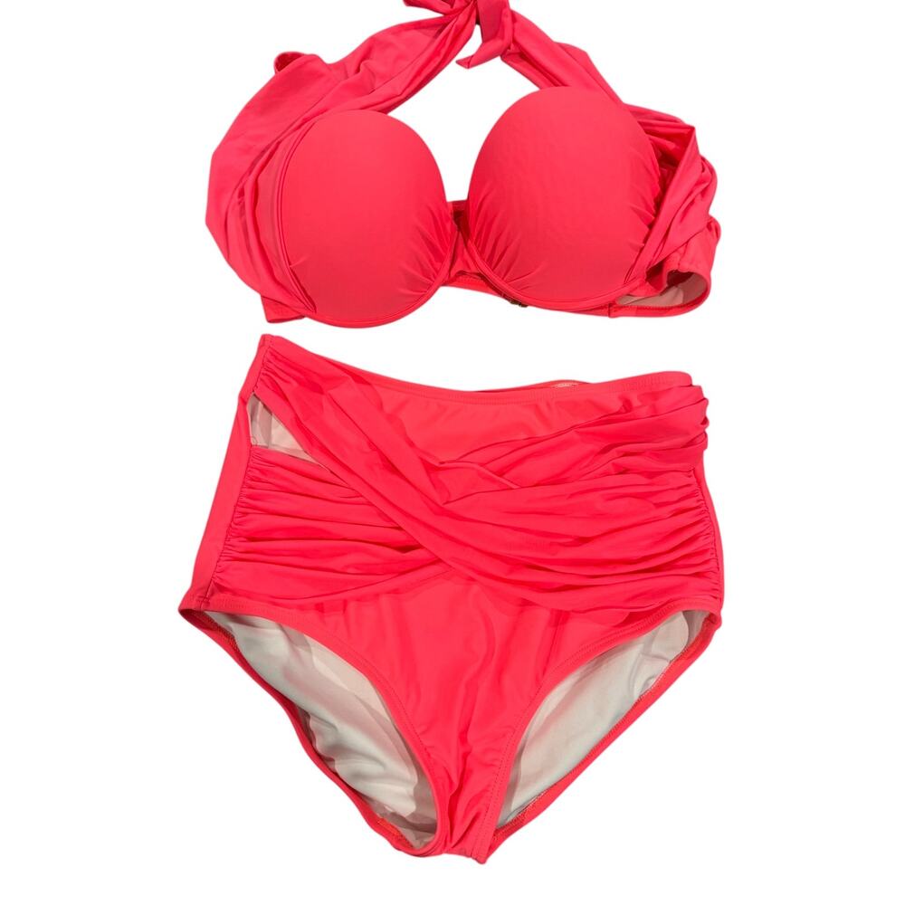Women’s High-Waist Ruched Bikini Set - Bright Coral Pink